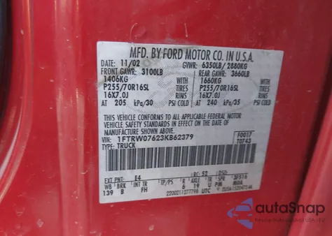 2003 Ford F-150 Lariat/Xlt from USA, damaged, VIN 1FTRW07623KB62379